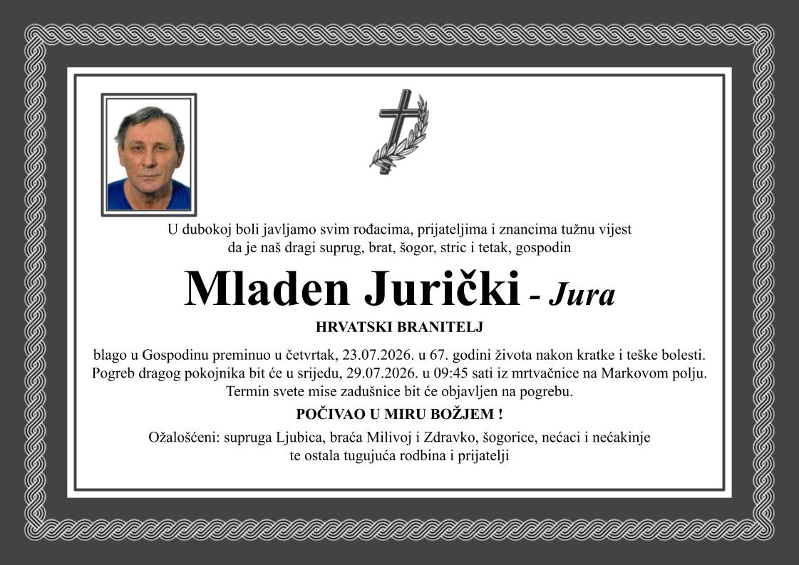 Obavijest o smrti – Mladen Jurički