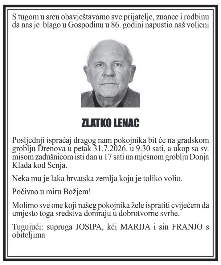 Obavijest o smrti – Zlatko Lenac